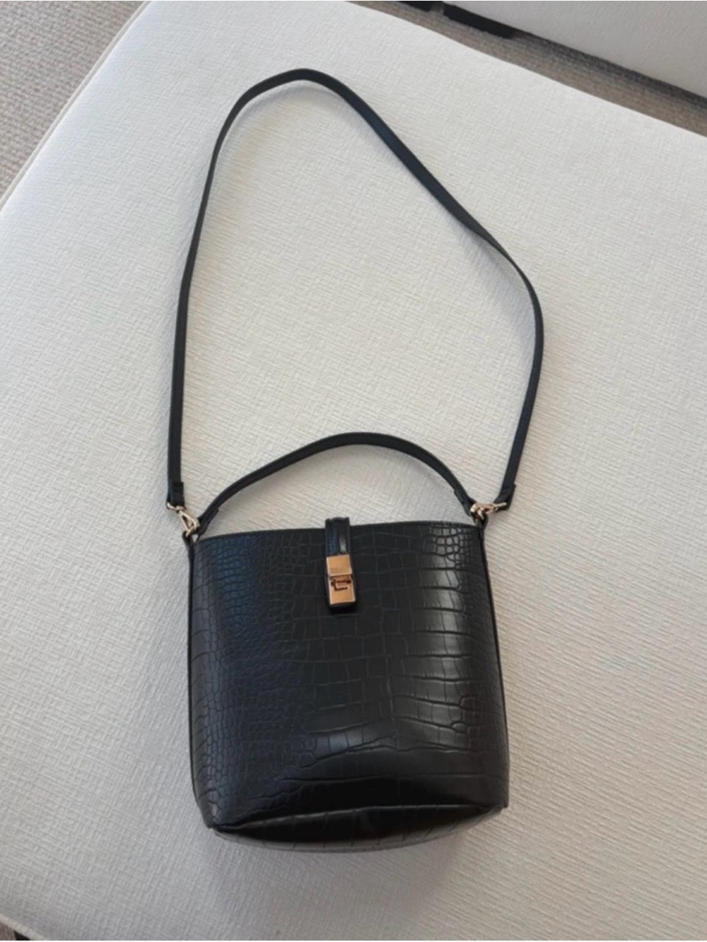 Black Croc-Embossed Bucket Bag with Gold Lock